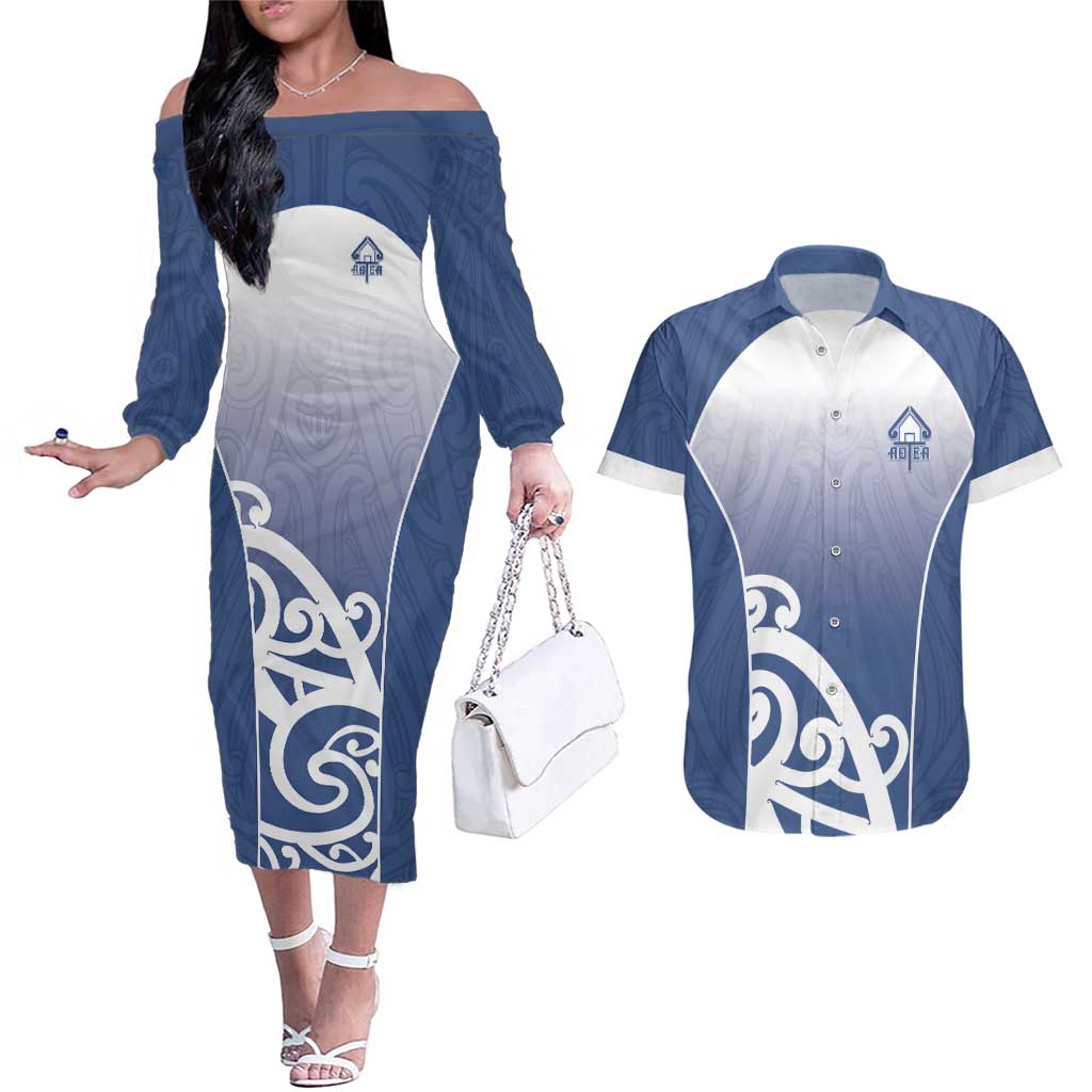 Custom New Zealand Aotea College Couples Matching Off The Shoulder Long Sleeve Dress and Hawaiian Shirt Maori Koru Pattern