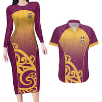Custom Waiuku College Couples Matching Long Sleeve Bodycon Dress and Hawaiian Shirt Maori Koru Pattern