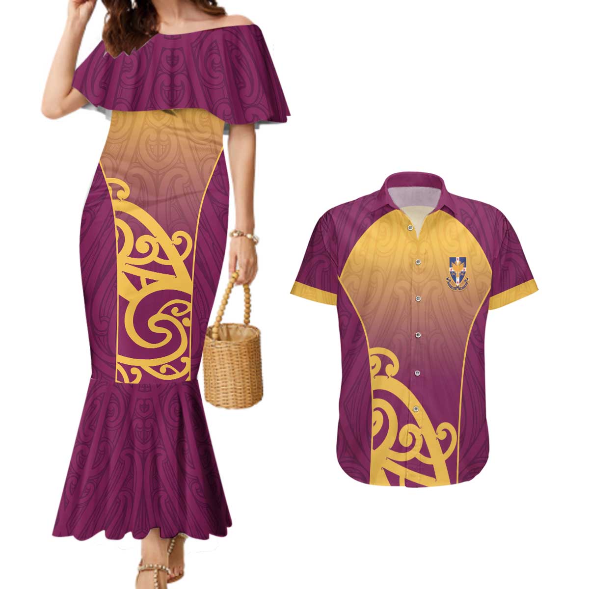 Custom Waiuku College Couples Matching Mermaid Dress and Hawaiian Shirt Maori Koru Pattern