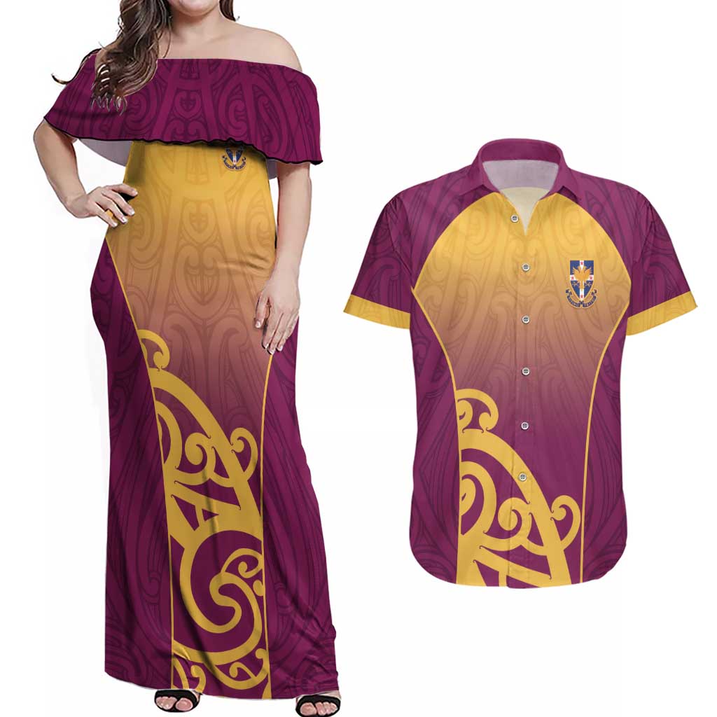 Custom Waiuku College Couples Matching Off Shoulder Maxi Dress and Hawaiian Shirt Maori Koru Pattern