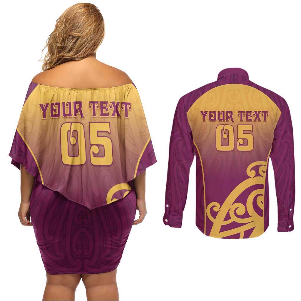 Custom Waiuku College Couples Matching Off Shoulder Short Dress and Long Sleeve Button Shirt Maori Koru Pattern