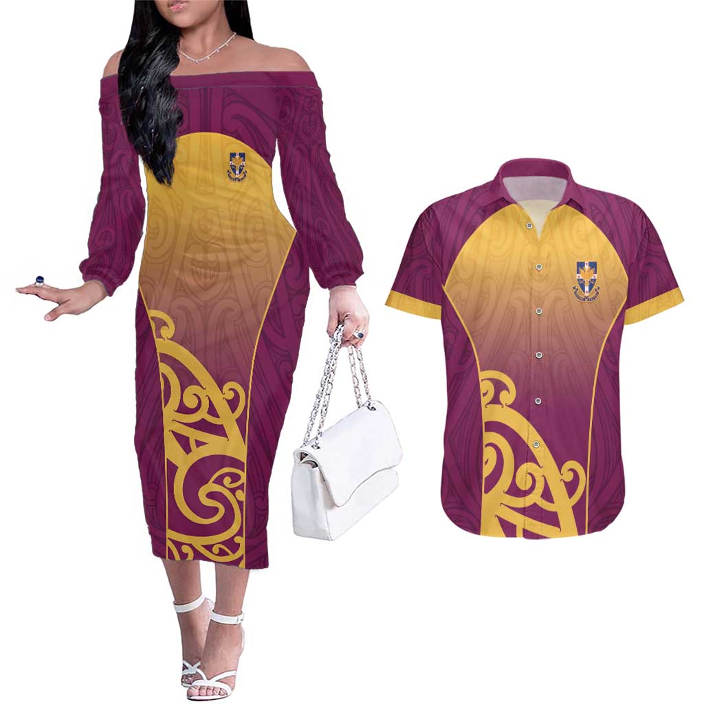 Custom Waiuku College Couples Matching Off The Shoulder Long Sleeve Dress and Hawaiian Shirt Maori Koru Pattern