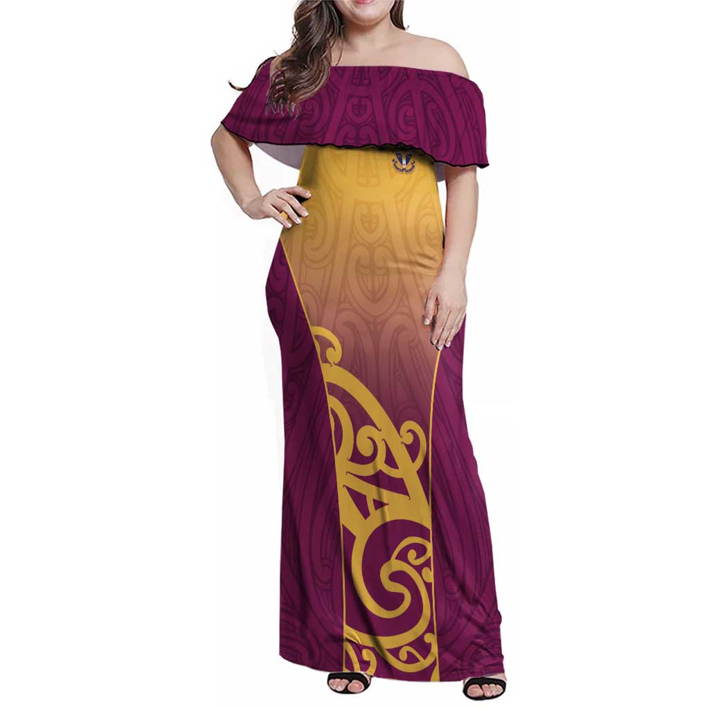 Custom Waiuku College Family Matching Off Shoulder Maxi Dress and Hawaiian Shirt Maori Koru Pattern