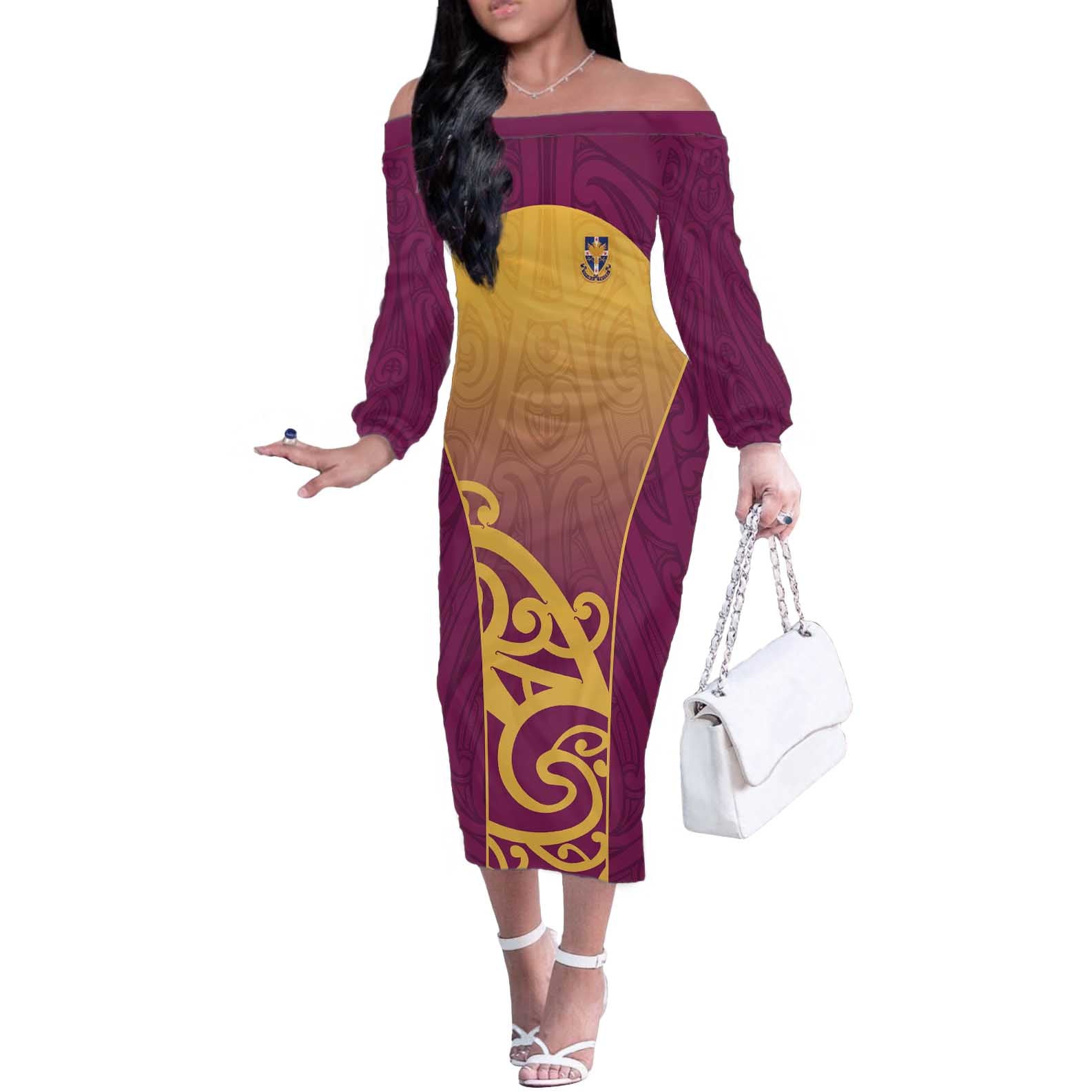 Custom Waiuku College Off The Shoulder Long Sleeve Dress Maori Koru Pattern