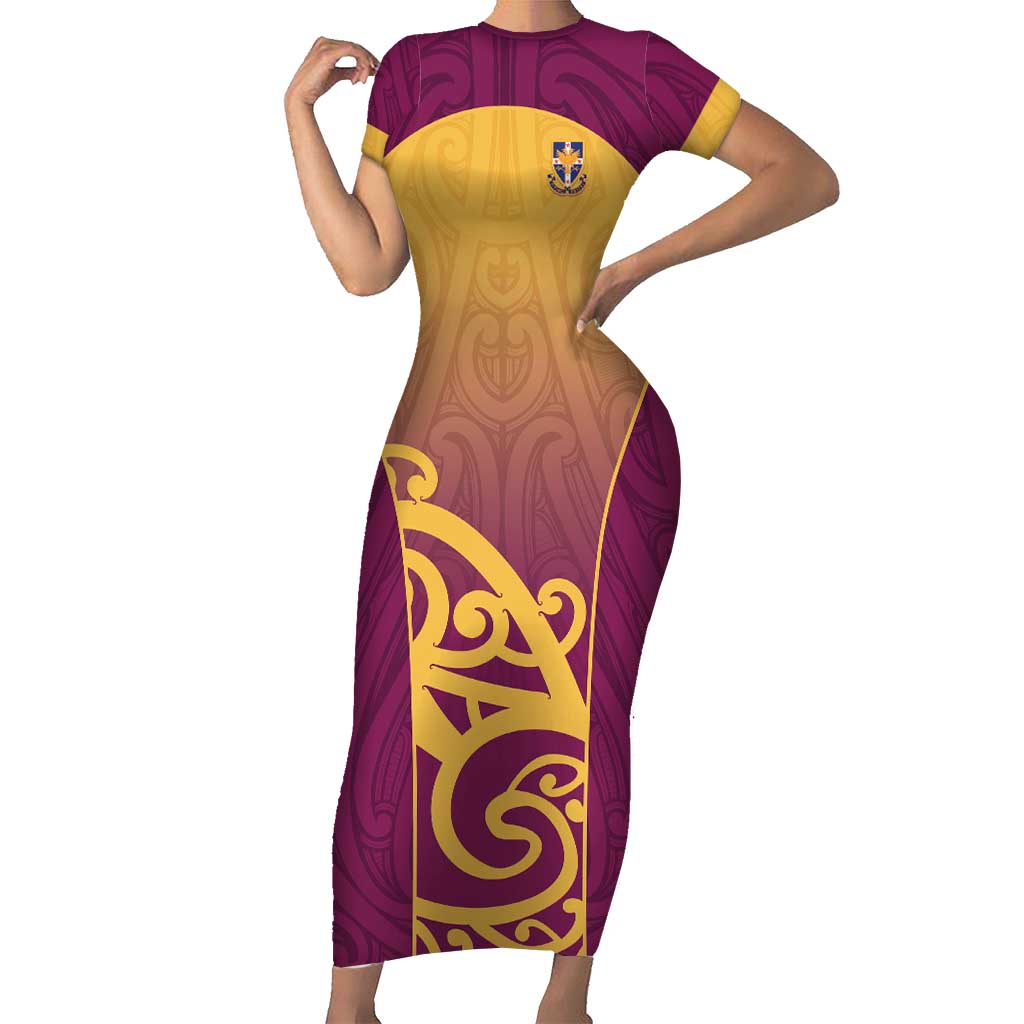 Custom Waiuku College Short Sleeve Bodycon Dress Maori Koru Pattern