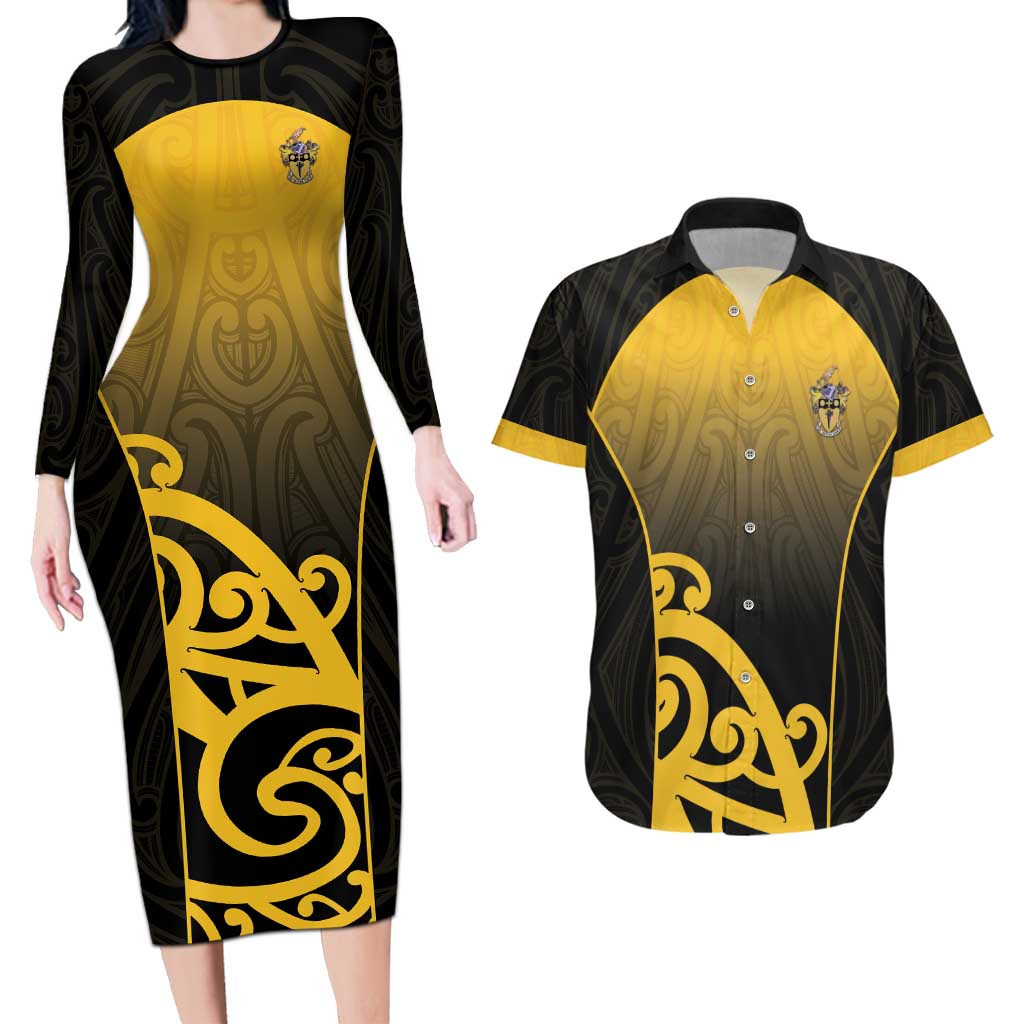Custom Motueka High School Couples Matching Long Sleeve Bodycon Dress and Hawaiian Shirt Maori Koru Pattern LT05 Black - Polynesian Pride