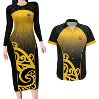 Custom Motueka High School Couples Matching Long Sleeve Bodycon Dress and Hawaiian Shirt Maori Koru Pattern LT05 Black - Polynesian Pride