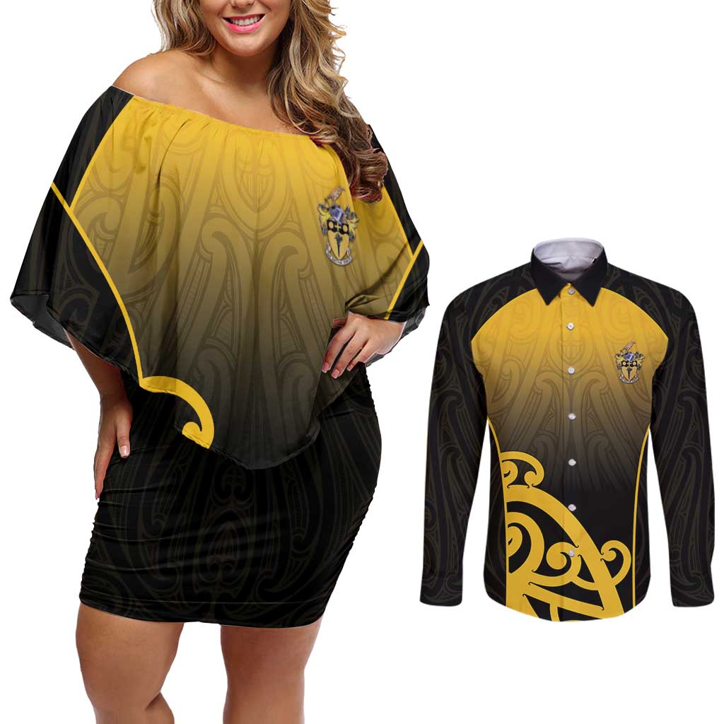 Custom Motueka High School Couples Matching Off Shoulder Short Dress and Long Sleeve Button Shirt Maori Koru Pattern