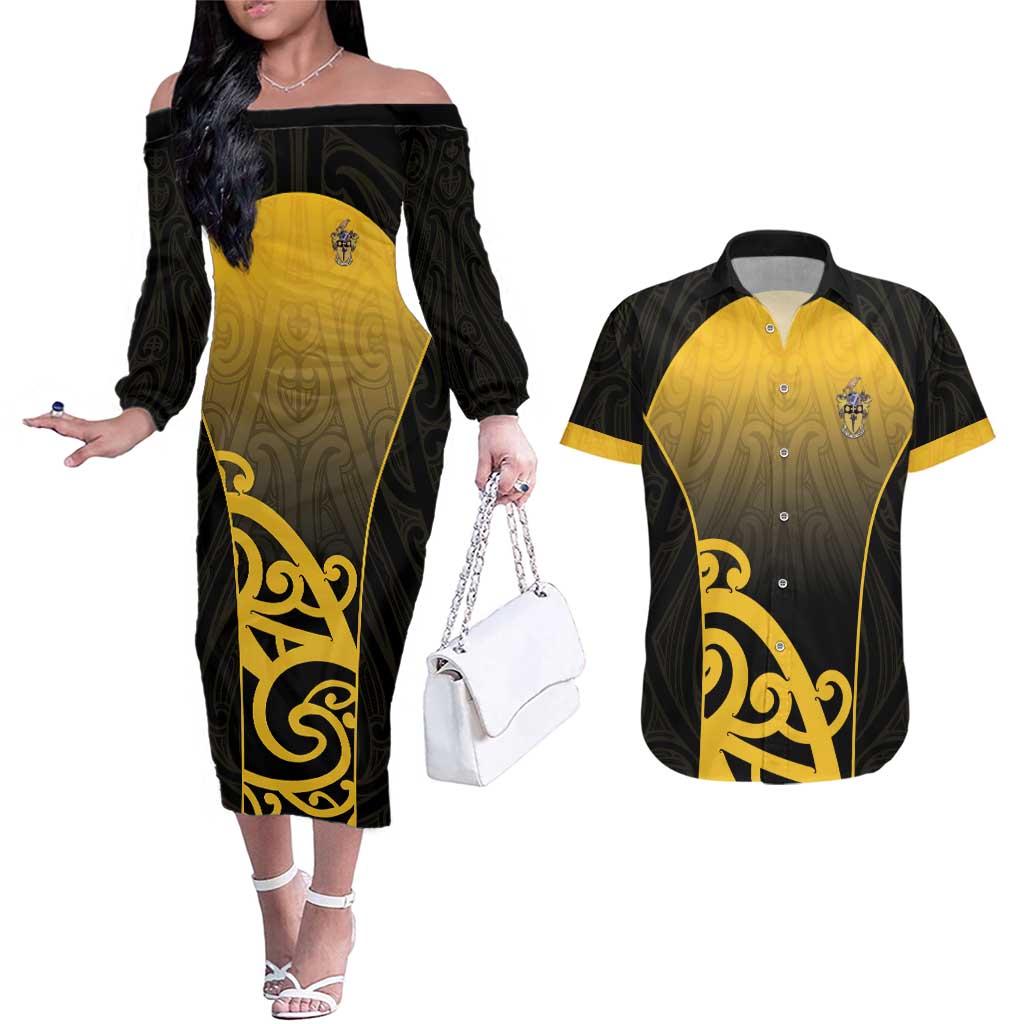 Custom Motueka High School Couples Matching Off The Shoulder Long Sleeve Dress and Hawaiian Shirt Maori Koru Pattern