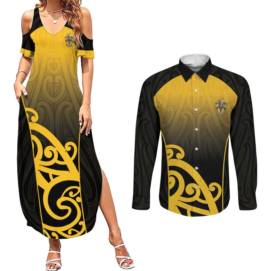 Custom Motueka High School Couples Matching Summer Maxi Dress and Long Sleeve Button Shirt Maori Koru Pattern