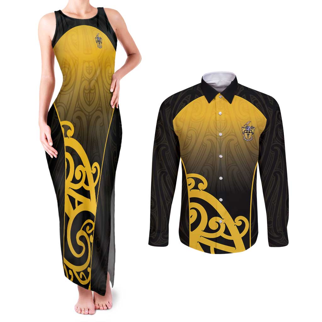 Custom Motueka High School Couples Matching Tank Maxi Dress and Long Sleeve Button Shirt Maori Koru Pattern