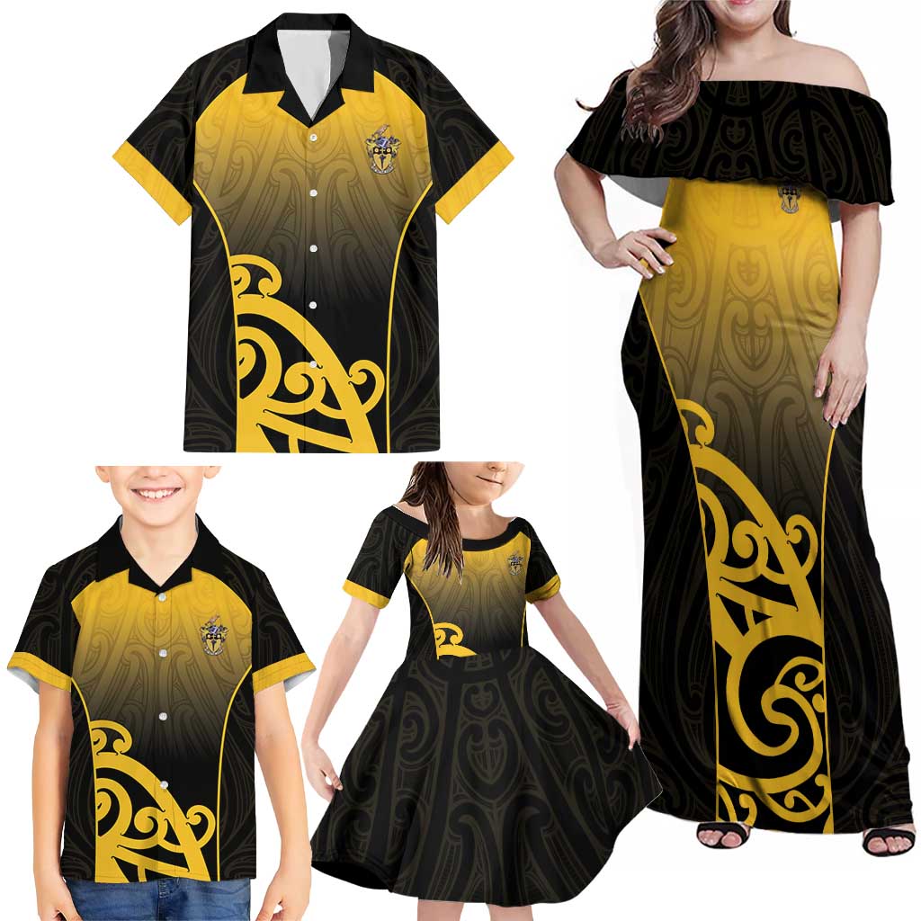 Custom Motueka High School Family Matching Off Shoulder Maxi Dress and Hawaiian Shirt Maori Koru Pattern