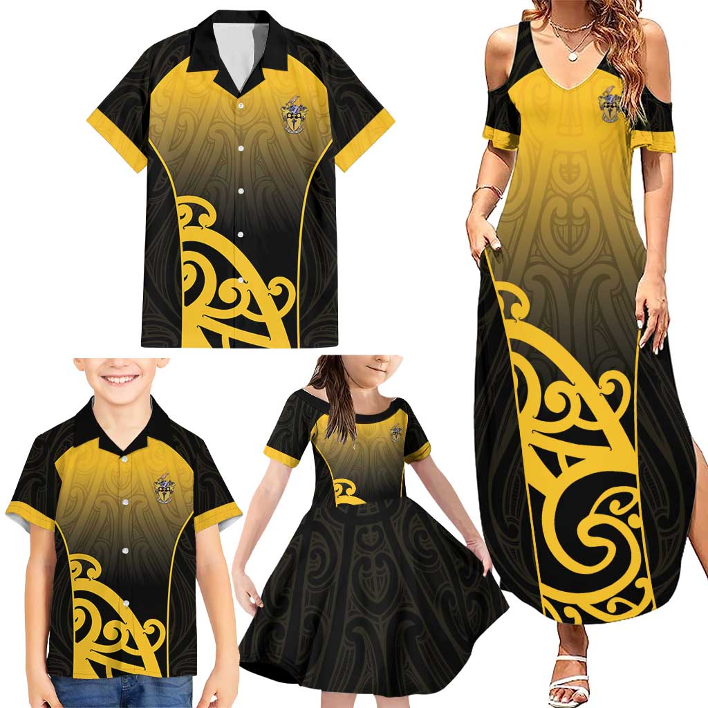 Custom Motueka High School Family Matching Summer Maxi Dress and Hawaiian Shirt Maori Koru Pattern