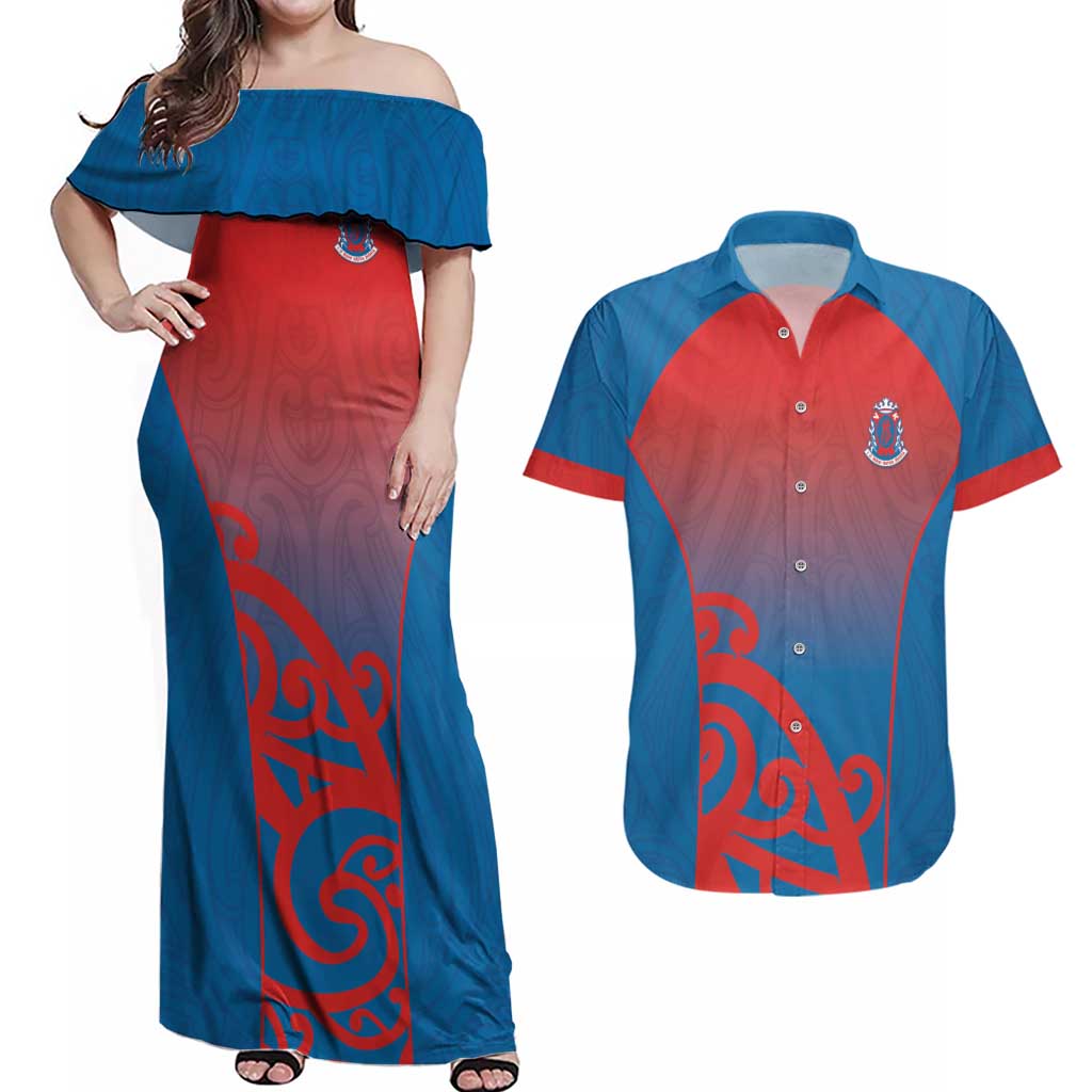 Custom St Joseph's Maori Girls' College Couples Matching Off Shoulder Maxi Dress and Hawaiian Shirt Maori Koru Pattern