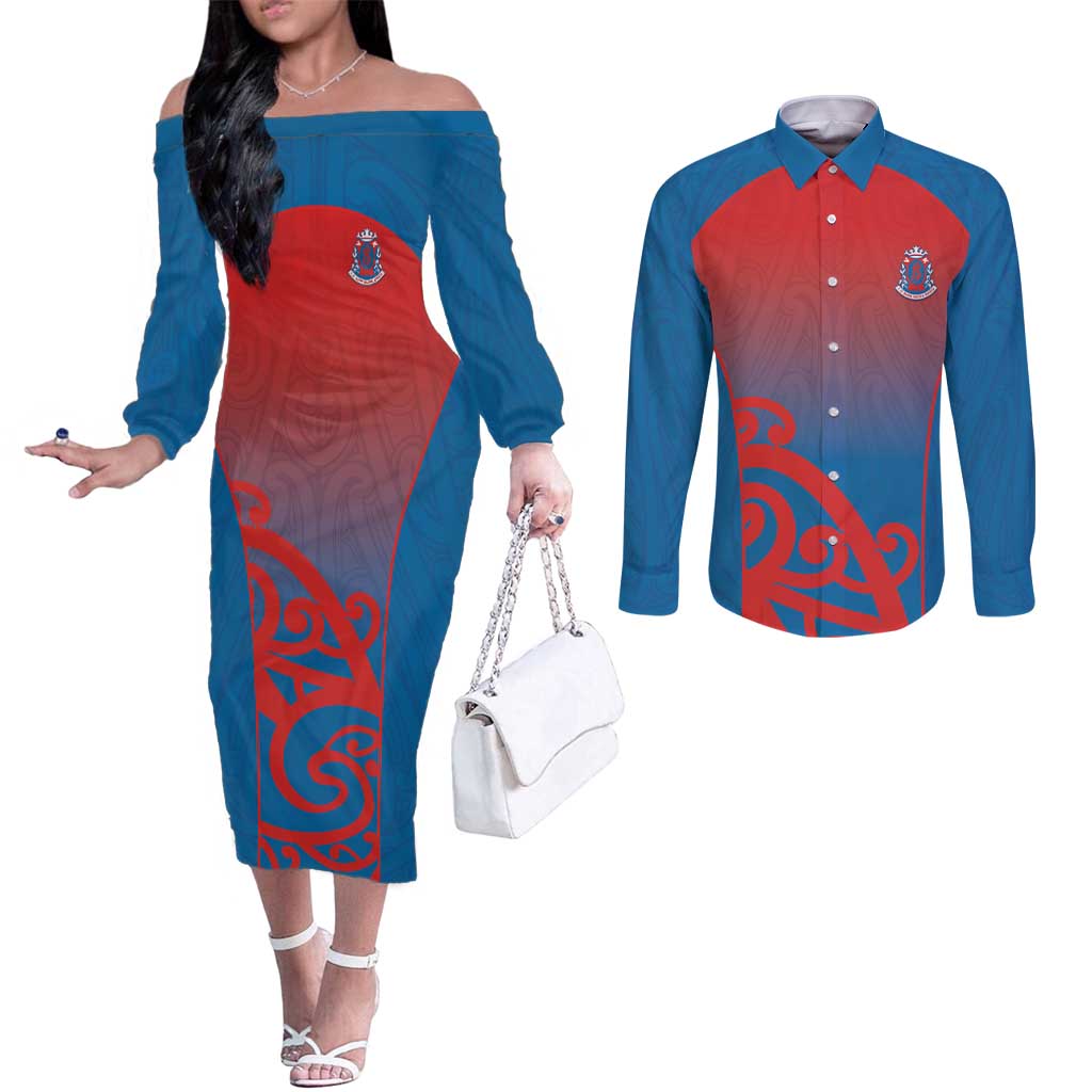 Custom St Joseph's Maori Girls' College Couples Matching Off The Shoulder Long Sleeve Dress and Long Sleeve Button Shirt Maori Koru Pattern