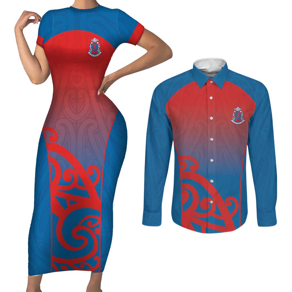 Custom St Joseph's Maori Girls' College Couples Matching Short Sleeve Bodycon Dress and Long Sleeve Button Shirt Maori Koru Pattern