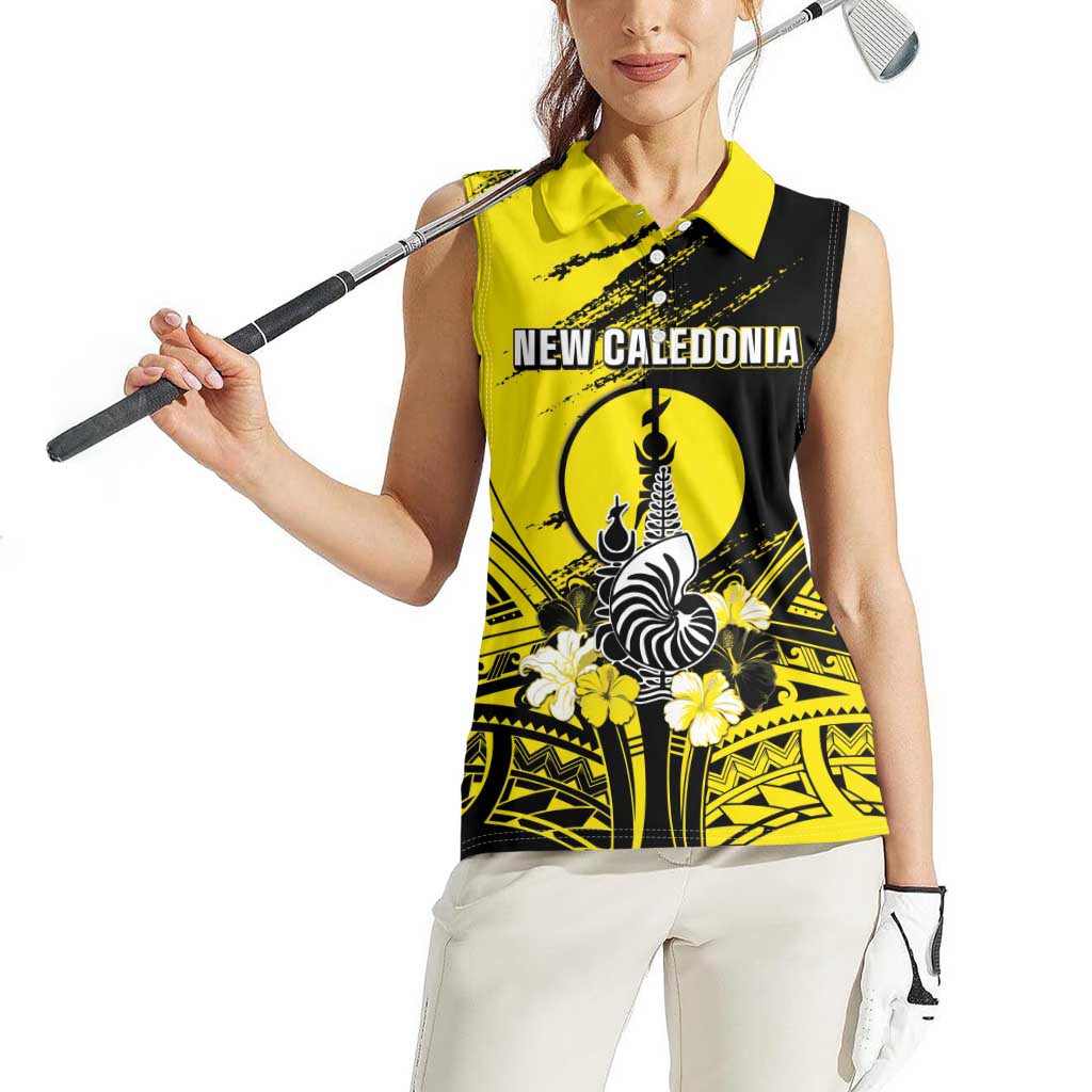 Personalised New Caledonia Day Women Sleeveless Polo Shirt Kanaky Flag Coat Of Arms Polynesian Pattern