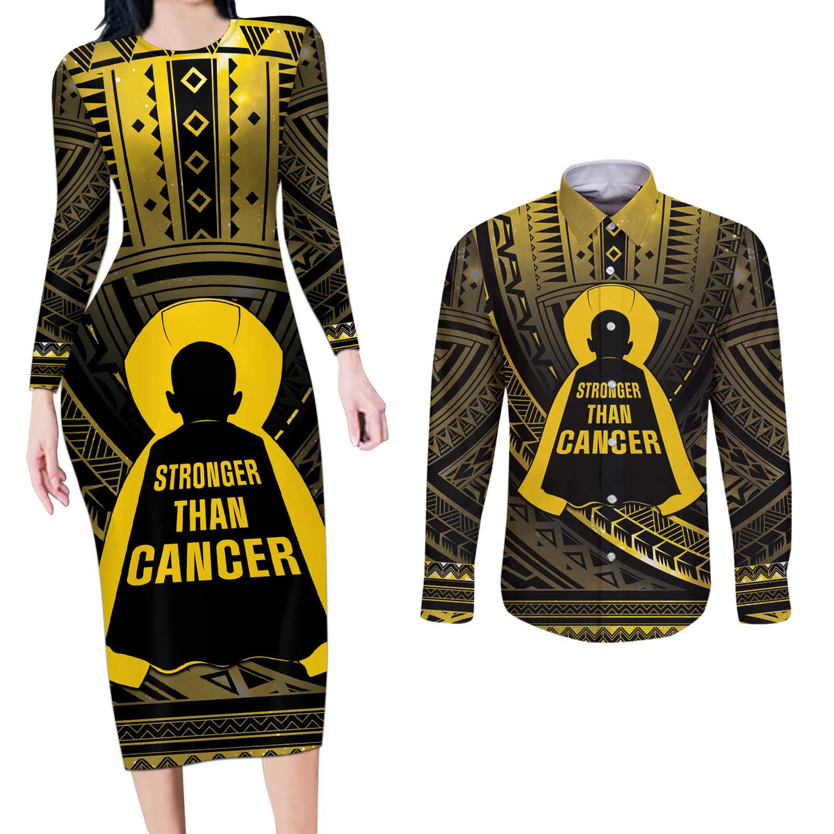 Personalised Polynesia Childhood Cancer Awareness Couples Matching Long Sleeve Bodycon Dress and Long Sleeve Button Shirt You Are Stronger Than Cancer