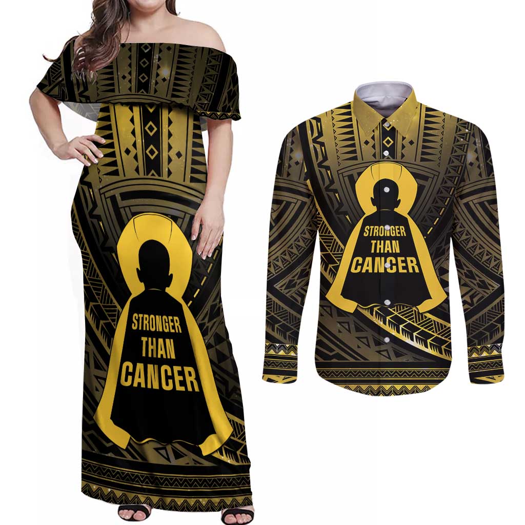 Personalised Polynesia Childhood Cancer Awareness Couples Matching Off Shoulder Maxi Dress and Long Sleeve Button Shirt You Are Stronger Than Cancer