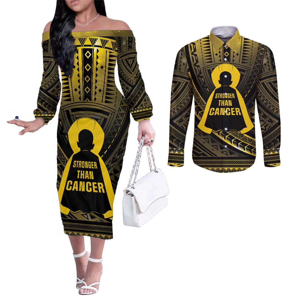 Personalised Polynesia Childhood Cancer Awareness Couples Matching Off The Shoulder Long Sleeve Dress and Long Sleeve Button Shirt You Are Stronger Than Cancer
