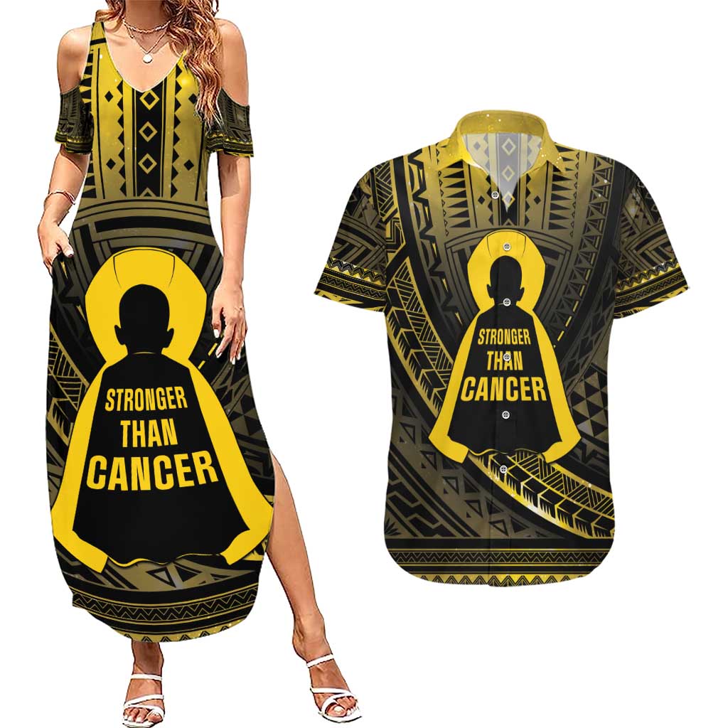 Personalised Polynesia Childhood Cancer Awareness Couples Matching Summer Maxi Dress and Hawaiian Shirt You Are Stronger Than Cancer