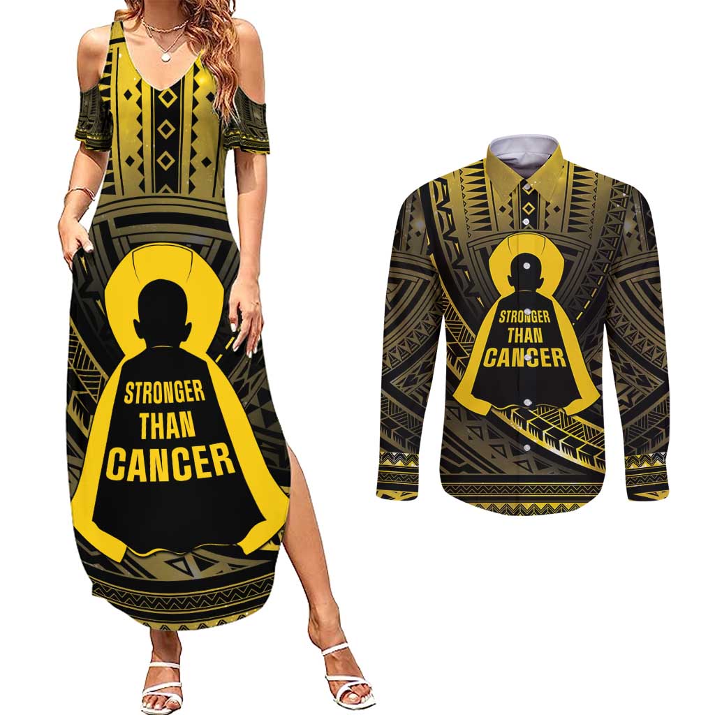 Personalised Polynesia Childhood Cancer Awareness Couples Matching Summer Maxi Dress and Long Sleeve Button Shirt You Are Stronger Than Cancer