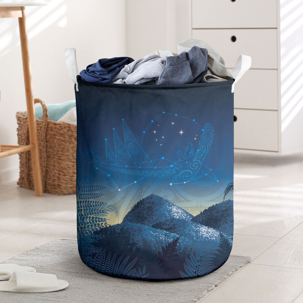 New Zealand Matariki Laundry Basket Maori Waka With Silver Fern LT05 Navy - Polynesian Pride