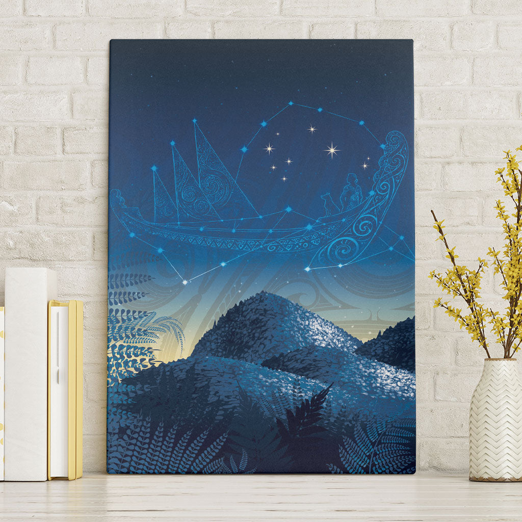 New Zealand Matariki Canvas Wall Art Maori Waka With Silver Fern LT05 Without Frame Navy - Polynesian Pride