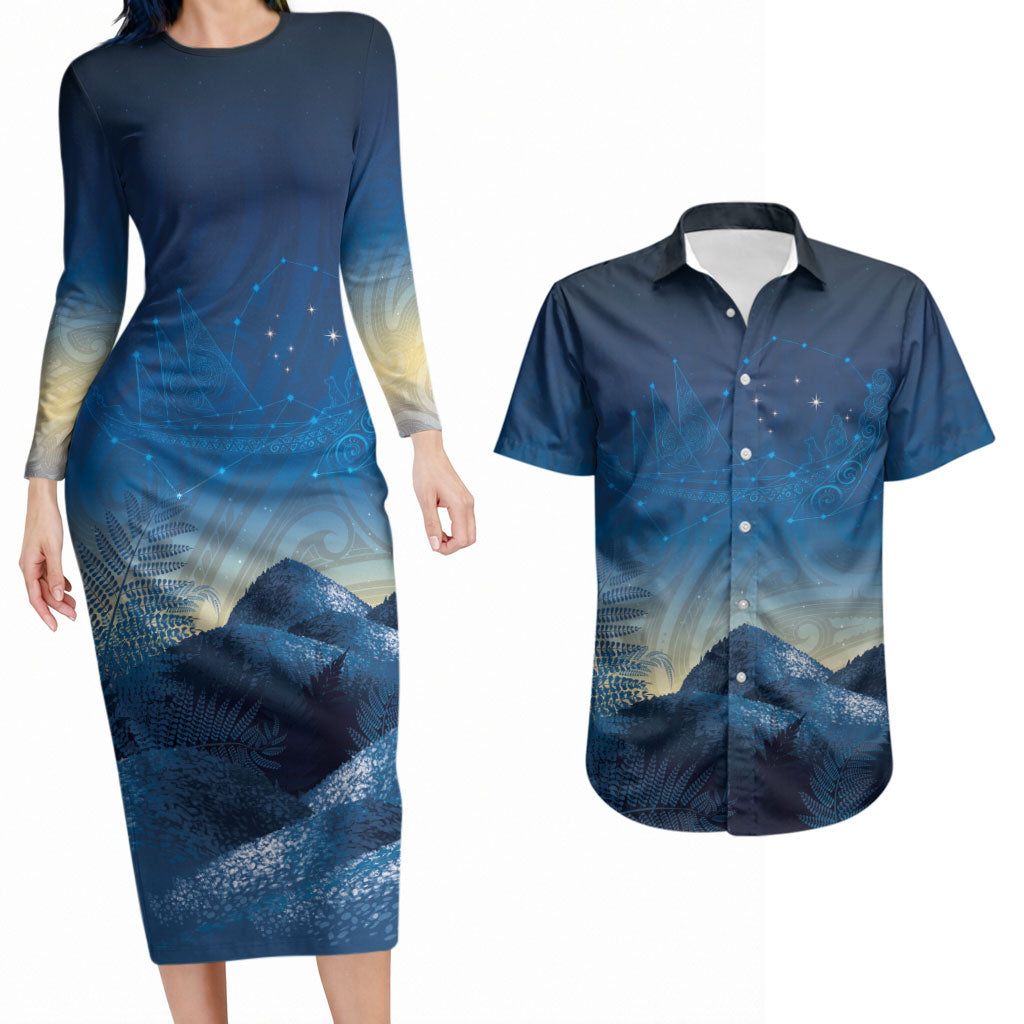 New Zealand Matariki Couples Matching Long Sleeve Bodycon Dress and Hawaiian Shirt Maori Waka With Silver Fern LT05 Navy - Polynesian Pride