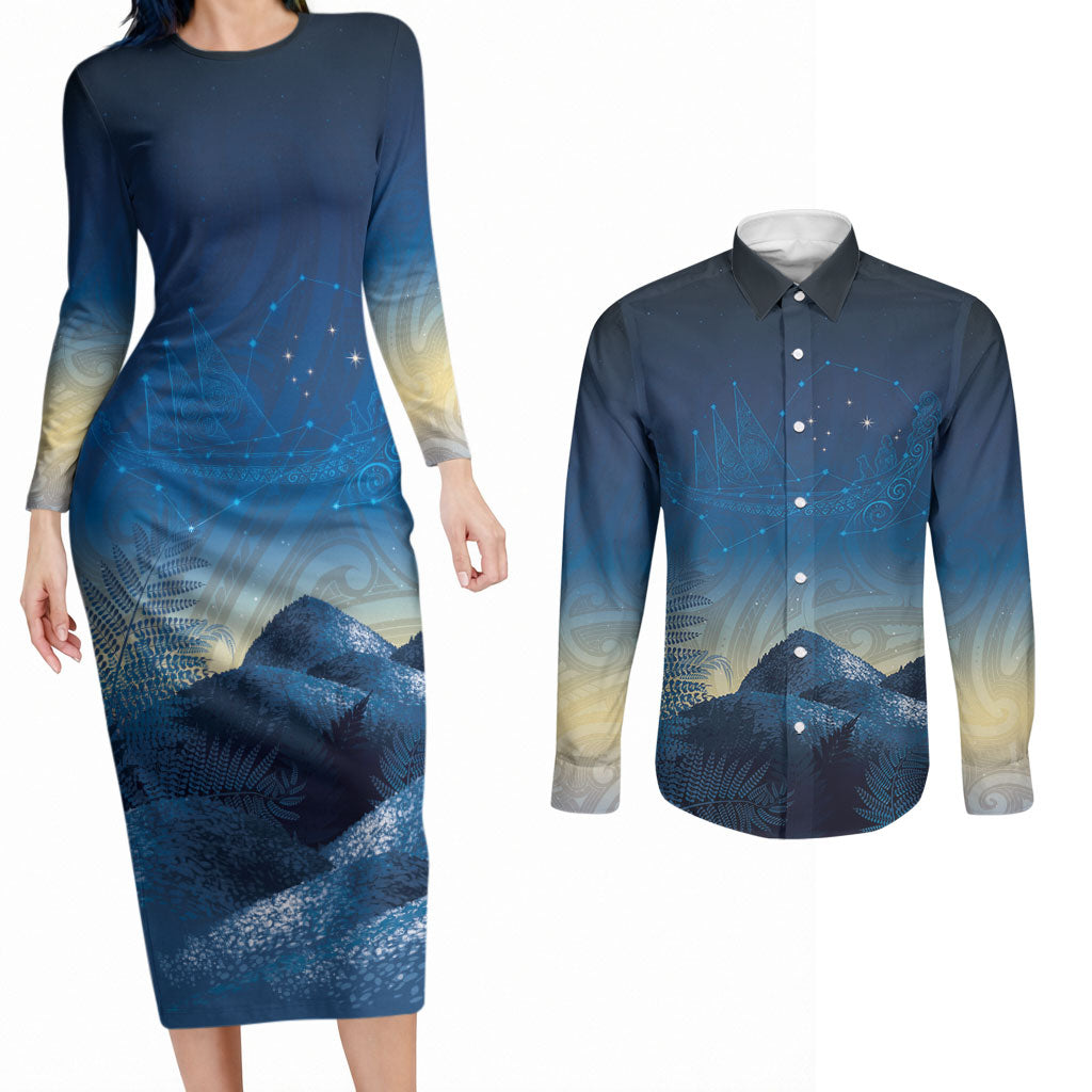 New Zealand Matariki Couples Matching Long Sleeve Bodycon Dress and Long Sleeve Button Shirt Maori Waka With Silver Fern LT05 Navy - Polynesian Pride