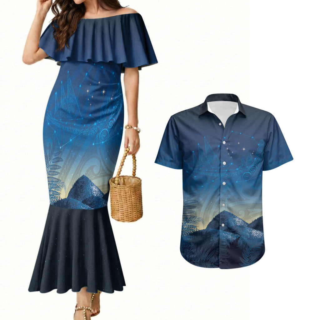New Zealand Matariki Couples Matching Mermaid Dress and Hawaiian Shirt Maori Waka With Silver Fern LT05 Navy - Polynesian Pride