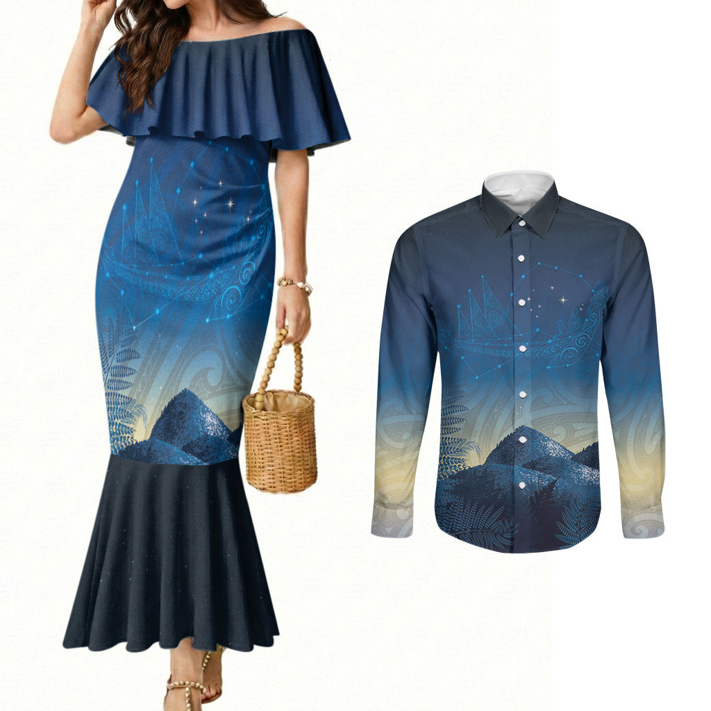 New Zealand Matariki Couples Matching Mermaid Dress and Long Sleeve Button Shirt Maori Waka With Silver Fern LT05 Navy - Polynesian Pride