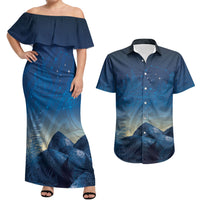 New Zealand Matariki Couples Matching Off Shoulder Maxi Dress and Hawaiian Shirt Maori Waka With Silver Fern LT05 Navy - Polynesian Pride
