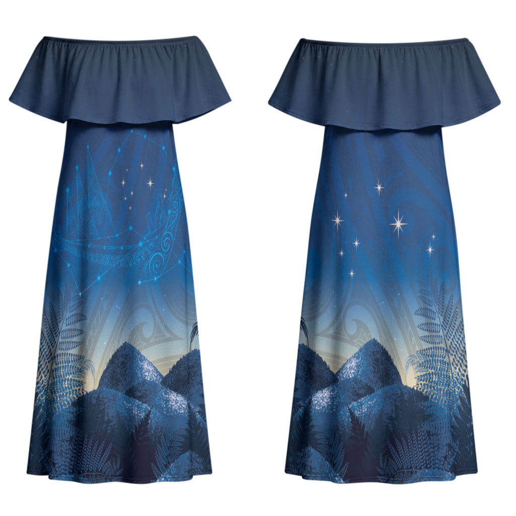 New Zealand Matariki Couples Matching Off Shoulder Maxi Dress and Hawaiian Shirt Maori Waka With Silver Fern LT05 - Polynesian Pride