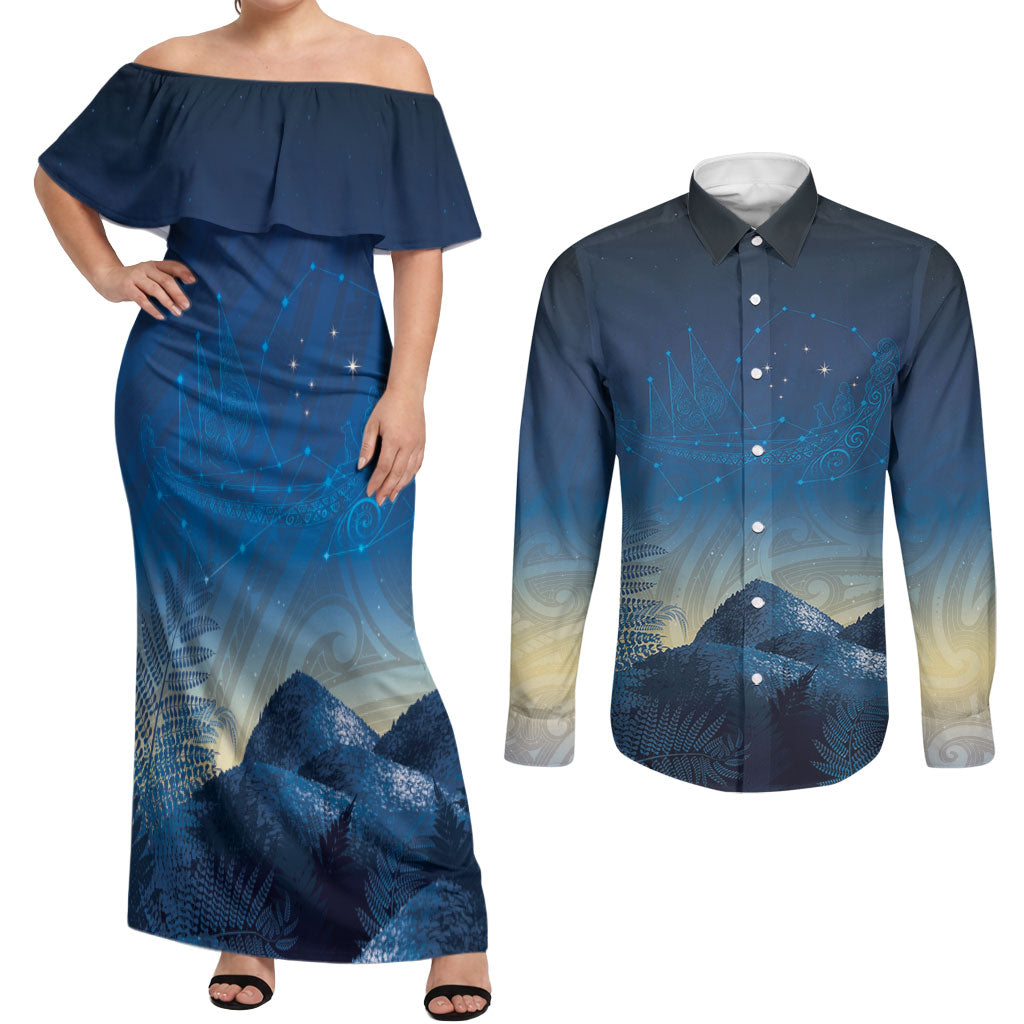 New Zealand Matariki Couples Matching Off Shoulder Maxi Dress and Long Sleeve Button Shirt Maori Waka With Silver Fern LT05 Navy - Polynesian Pride