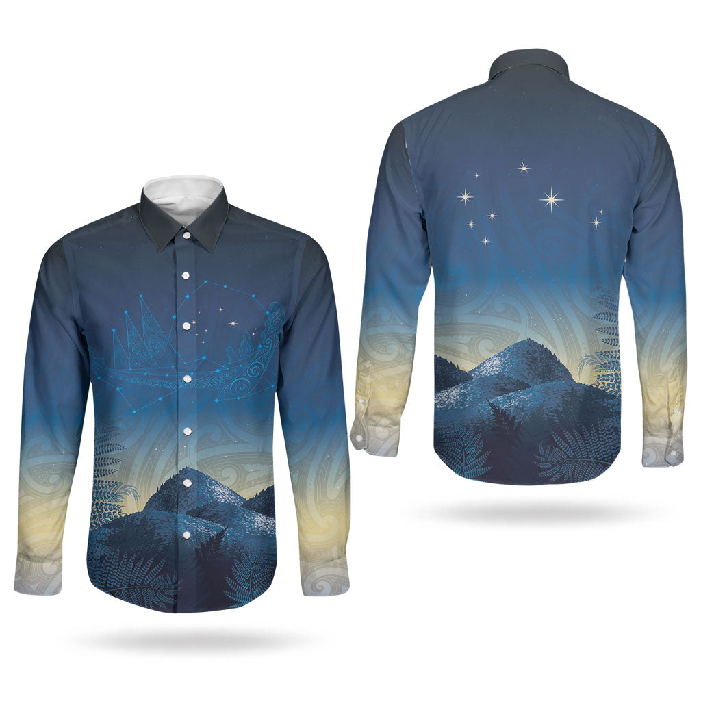 New Zealand Matariki Couples Matching Off Shoulder Maxi Dress and Long Sleeve Button Shirt Maori Waka With Silver Fern LT05 - Polynesian Pride