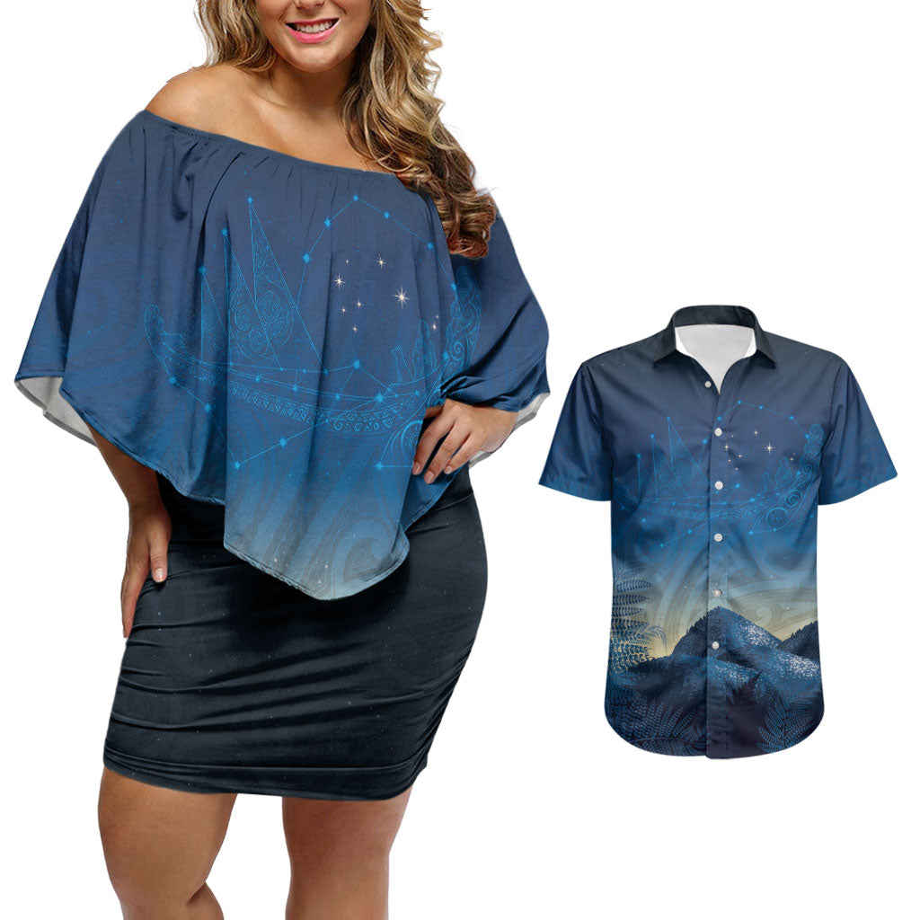New Zealand Matariki Couples Matching Off Shoulder Short Dress and Hawaiian Shirt Maori Waka With Silver Fern LT05 Navy - Polynesian Pride