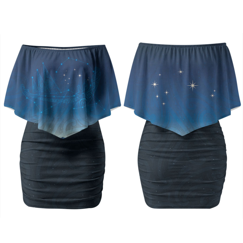 New Zealand Matariki Couples Matching Off Shoulder Short Dress and Hawaiian Shirt Maori Waka With Silver Fern LT05 - Polynesian Pride