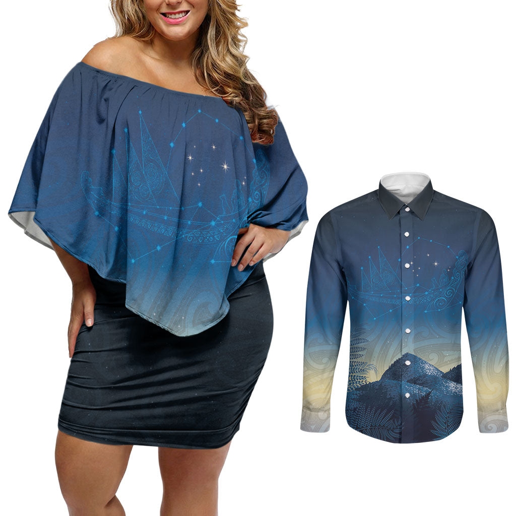 New Zealand Matariki Couples Matching Off Shoulder Short Dress and Long Sleeve Button Shirt Maori Waka With Silver Fern LT05 Navy - Polynesian Pride