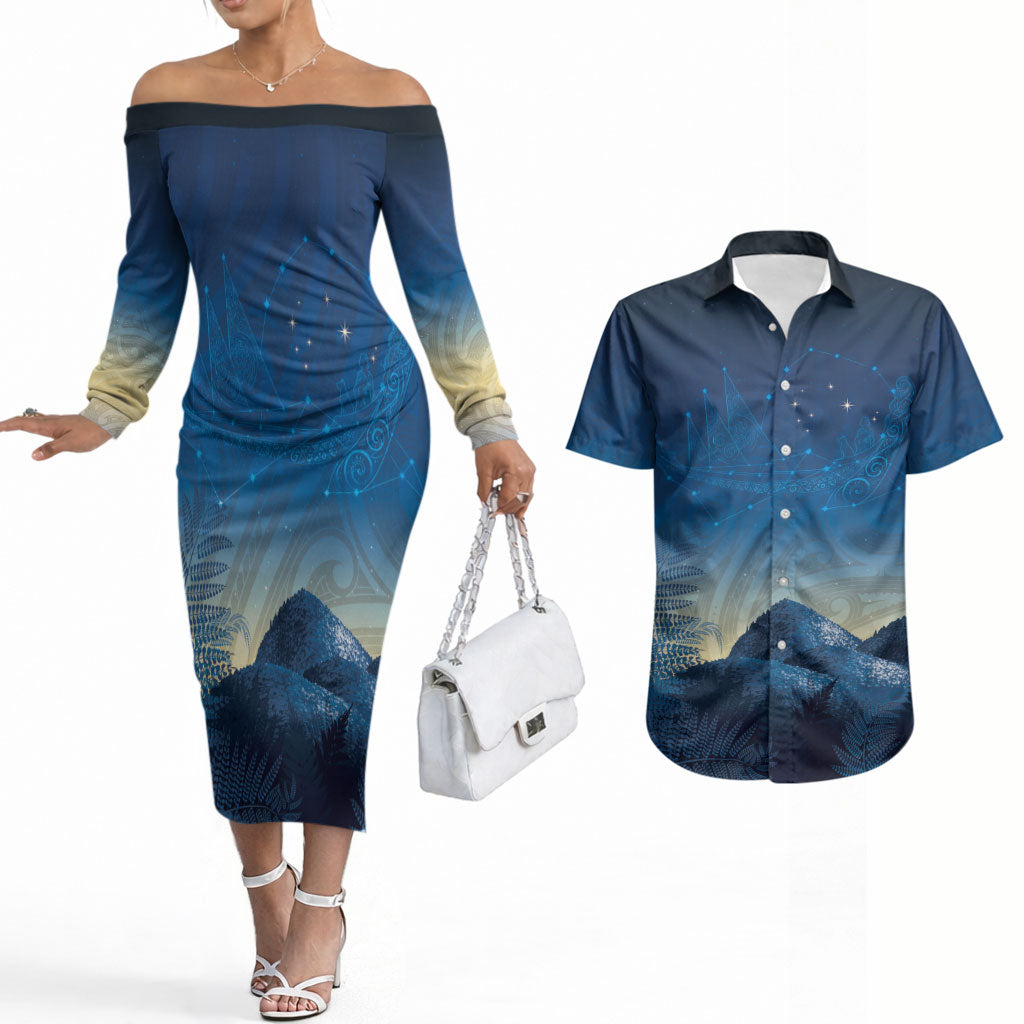 New Zealand Matariki Couples Matching Off The Shoulder Long Sleeve Dress and Hawaiian Shirt Maori Waka With Silver Fern LT05 Navy - Polynesian Pride