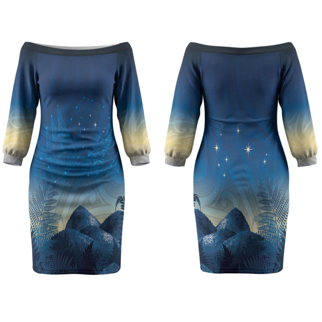 New Zealand Matariki Couples Matching Off The Shoulder Long Sleeve Dress and Hawaiian Shirt Maori Waka With Silver Fern LT05 - Polynesian Pride