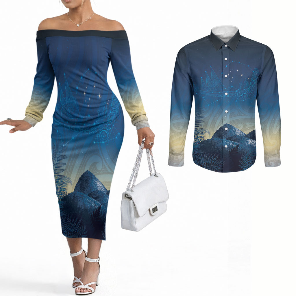 New Zealand Matariki Couples Matching Off The Shoulder Long Sleeve Dress and Long Sleeve Button Shirt Maori Waka With Silver Fern LT05 Navy - Polynesian Pride