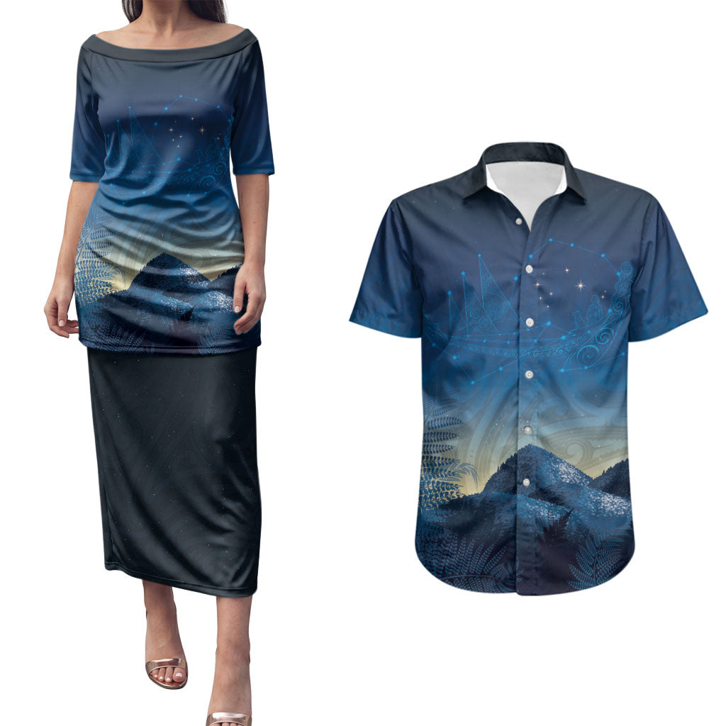 New Zealand Matariki Couples Matching Puletasi and Hawaiian Shirt Maori Waka With Silver Fern LT05 Navy - Polynesian Pride