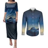 New Zealand Matariki Couples Matching Puletasi and Long Sleeve Button Shirt Maori Waka With Silver Fern LT05 Navy - Polynesian Pride