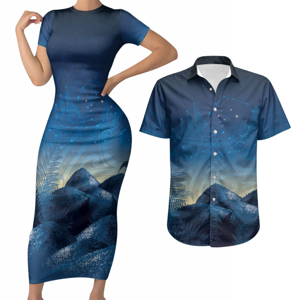 New Zealand Matariki Couples Matching Short Sleeve Bodycon Dress and Hawaiian Shirt Maori Waka With Silver Fern LT05 Navy - Polynesian Pride