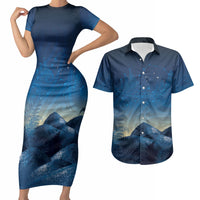 New Zealand Matariki Couples Matching Short Sleeve Bodycon Dress and Hawaiian Shirt Maori Waka With Silver Fern LT05 Navy - Polynesian Pride