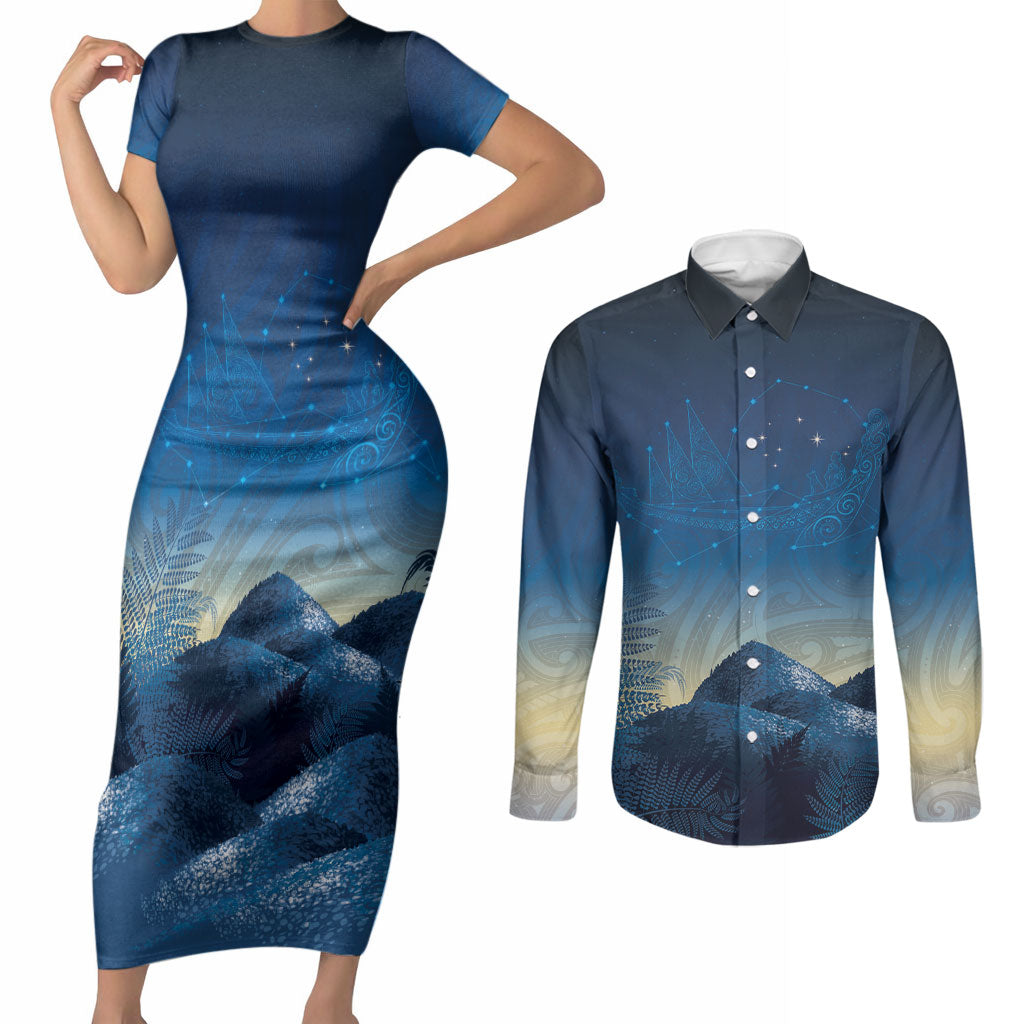 New Zealand Matariki Couples Matching Short Sleeve Bodycon Dress and Long Sleeve Button Shirt Maori Waka With Silver Fern LT05 Navy - Polynesian Pride
