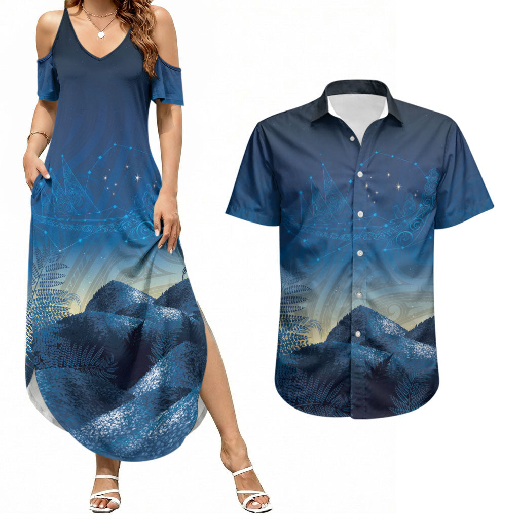 New Zealand Matariki Couples Matching Summer Maxi Dress and Hawaiian Shirt Maori Waka With Silver Fern LT05 Navy - Polynesian Pride