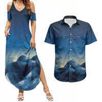 New Zealand Matariki Couples Matching Summer Maxi Dress and Hawaiian Shirt Maori Waka With Silver Fern LT05 Navy - Polynesian Pride