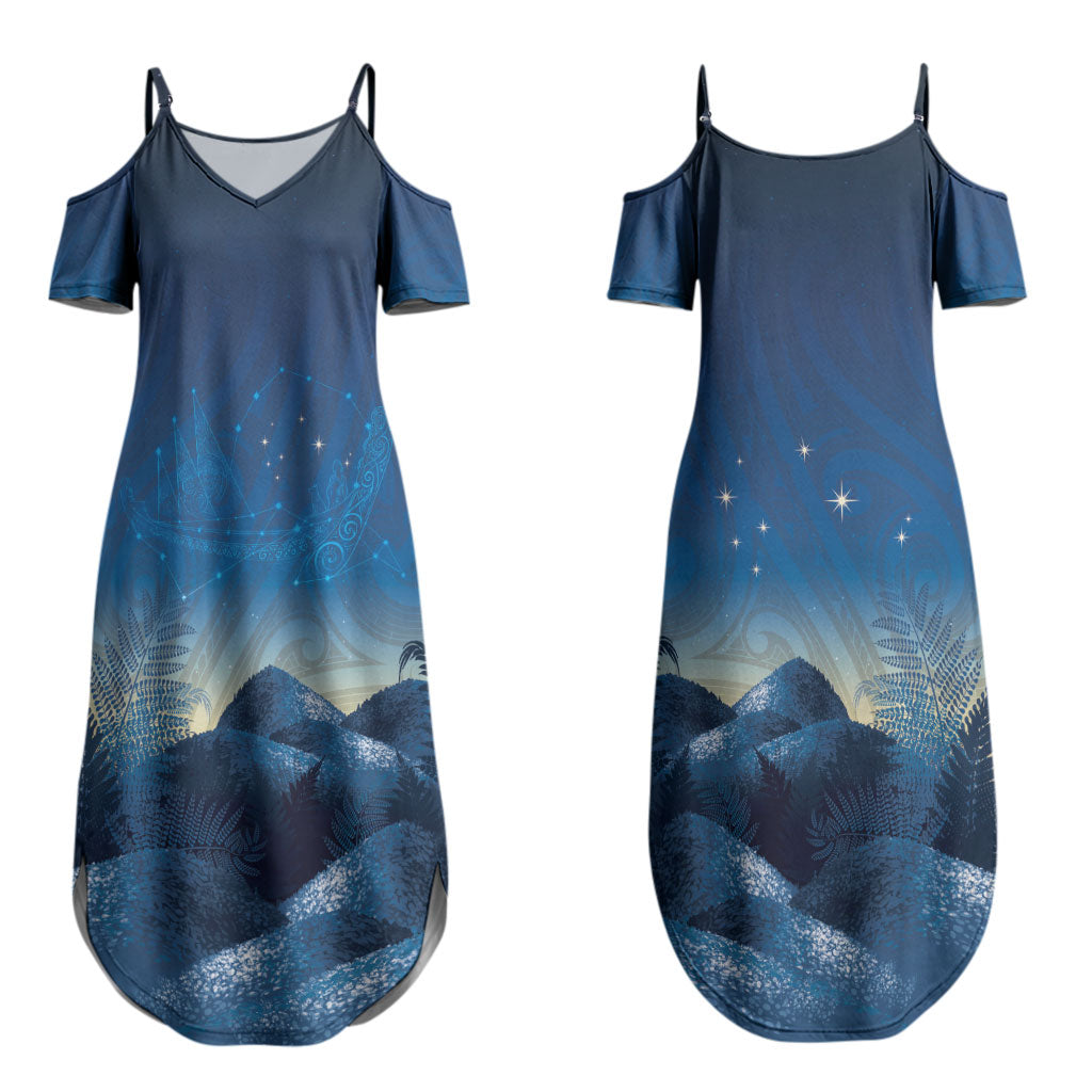 New Zealand Matariki Couples Matching Summer Maxi Dress and Hawaiian Shirt Maori Waka With Silver Fern LT05 - Polynesian Pride